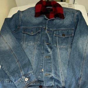 TRIOT Denim Jacket Buffalo Plaid Fleece Collar Men Size Large